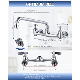 8 Inch Center Wall Mount Commercial Sink Faucet - 8" Swivel Spout Utility Faucet, Dual Handle Chrome Brass for Restaurant/Laundry/Utility Room Kitchen Sinks