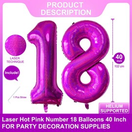 Laser Pink 18 Number Balloons 40 Inch Giant Hot Pink Sweet 18 Helium Balloons for 18th Girls Birthday Party Supplies 18th Anniversary Events Decorations