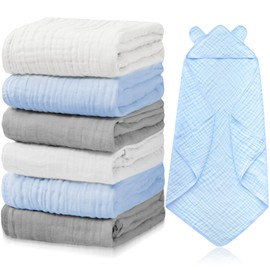Preboun 6 Pcs Muslin Baby Bath Towel with Hood Cute Hooded Baby Towels Cotton Absorbent Baby Hooded Towel for Newborn Kids Girl Infant Boys Toddler Shower Gift Supplies (Grey,Blue,White)