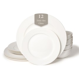 Square House New Bone China 12 Piece Dinnerware Set, Santorini Collection (Pure), White, Daily Use China, Tableware Service for 4