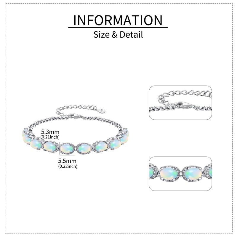 JERWLI Natural Opal Bracelet for Women Sterling Silver White Opal