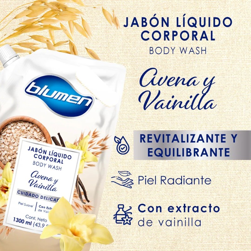 Jabón Líquido Corporal Cuidado Delicado Avena Y Vainilla 1300ml Blumen