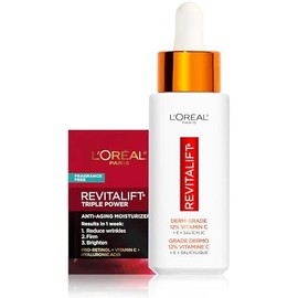 LOreal Paris Revitalift Suero de vitamina C con vitamina E y ácido salicílico, hidratante, suavizante e iluminador, no graso, combate los primeros