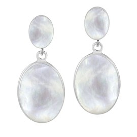 Classy Double Oval White Mother of Pearl Inlay .925 Sterling Silver Post Drop Dangle Earrings