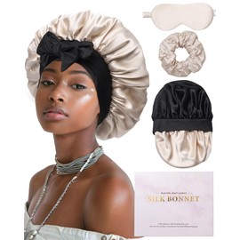Mulberry Silk Bonnet for Sleeping Women Curly Hair Bonnet with Tie Band Double Layer Reversible Sleep Bonnet Silk Hair Wrap Sleep Cap (Champagne + Black)