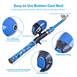 LEOFISHING Kids Fishing Pole Set with Full Starter Kits Portable Telescopic Fishing Rod and Spincast Reel with a Fishing Net and Bucket for Boys Girls and Youth (Blue)