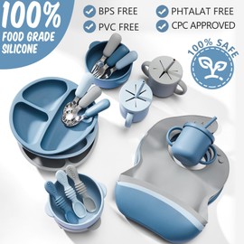 Yinder 24 Pack Silicone Baby Feeding Set Baby LED Weaning Supplies Includes Suction Divided Plates Soft Bowl Spoons Forks Adjustable Bib Snack Cup and Straws(Dark Blue, Gray Blue, Smoky Gray)