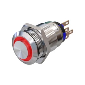 Metzler - Pressure Switch 19mm - LED Ring Lighting Red - IP67 IK10 - Stainless Steel - Protruding - Solder Contacts