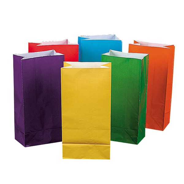 Fun Express Bright Color Paper Goodie Bags | Treat Bags | Paper Lunch Bags | Candy Bags | Favor Bags | Small Bags | 1 Dozen (12 Bags)