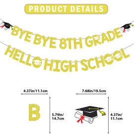 Bye 8th Grade Hello High School Banner 8th Grade Graduation Banner 8th Grade Graduation Decorations 2024 for 8th Grad Graduation Party Decorations Gold Glitter