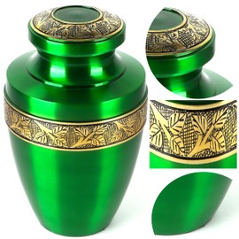 Memorials Cremation Urns for Adult - Adult Funeral Urn Handcrafted - Handcrafted Cremation Urn, Large Burial Urns for Ashes Adult - Large Handcrafted Funeral Memorial - Green Gold