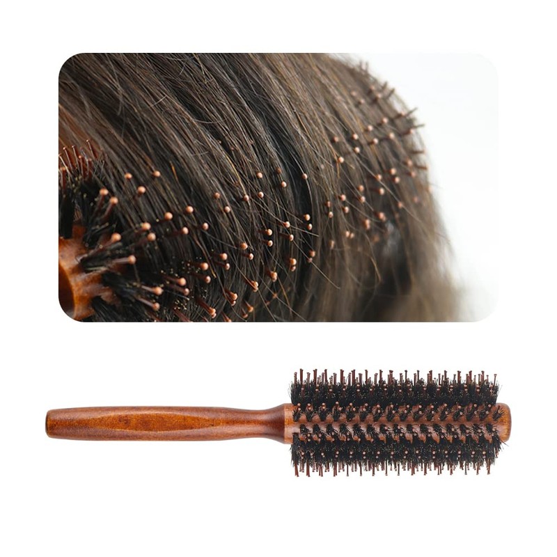 Roller Round Brush, 14 Rows Natural Wooden Boar Bristle Round