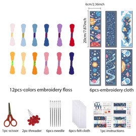 FREEBLOSS 6 Set Cross Stitch Bookmark Stamped Cross Stitch Kit with Cartoon Universe Patterns Embroidery Kit with Instruction DIY Bookmark Kit for Gift Adults 8.66''x3.14''