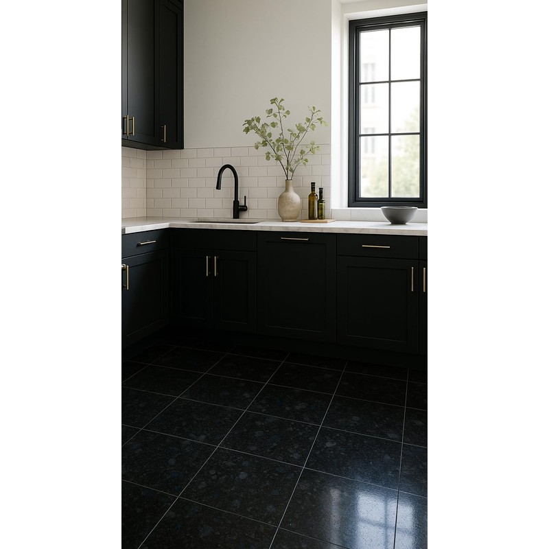 Tenedos Deep Black and Spark Blue Dot Granite Flooring Bathroom
