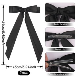 Totelux Black Hair Bow Hair Clips Silky Satin Hair Ribbon Ponytail Holder Hair Bows with Long Tail Bowknot Hair Barrette for Women Girls Hair Accessories 2Pcs