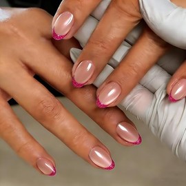 Uñas postizas cortas con punta francesa ovalada y pegamento, uñas postizas estilo ojo de gato nude en 12 tamaños, kit de 24 uñas postizas de gel suave