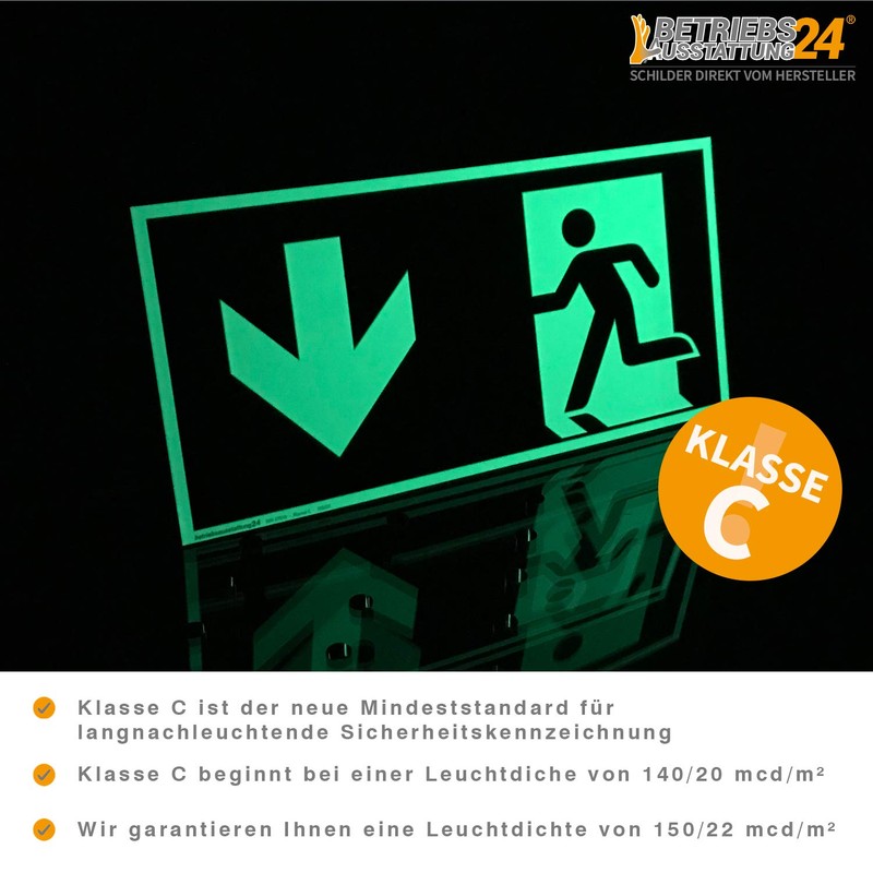 Emergency exit sign "left obliquely down" | aluminium, photoluminescent |