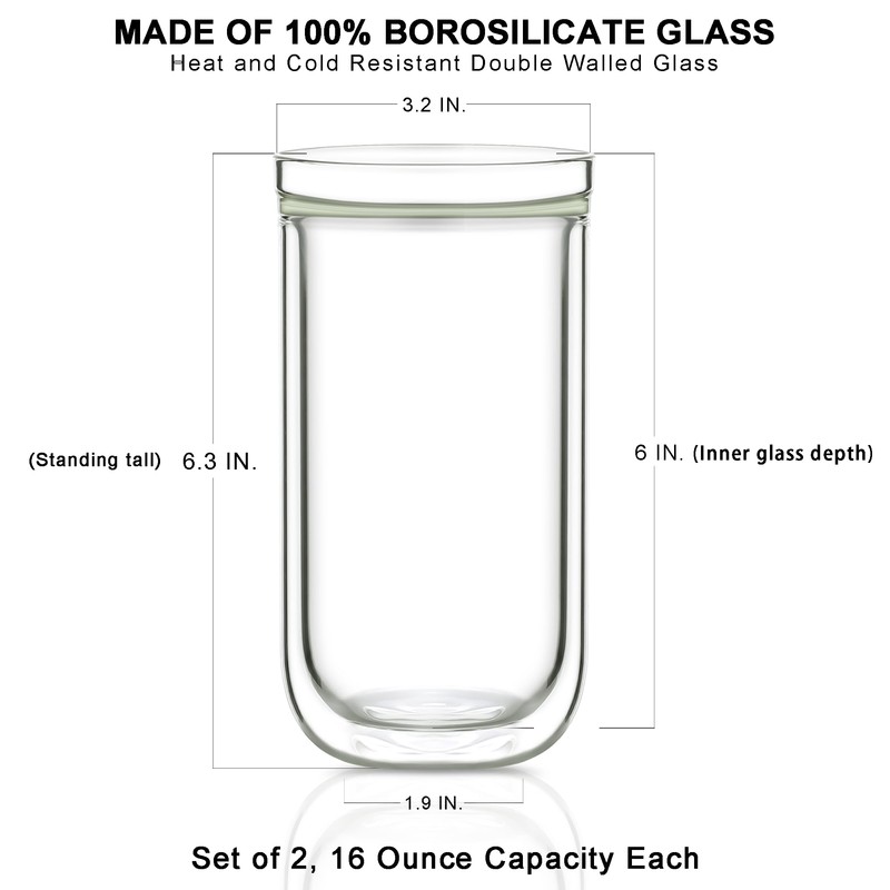 Aquach Double Wall Glass Cup 16oz 2pcs, Clear Insulated Coffee
