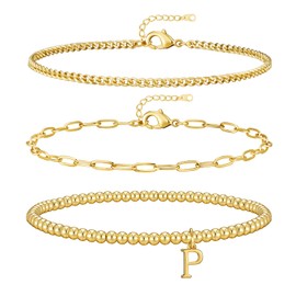 doubgood 14K Gold Plated Gold Bracelets for Women, Dainty Initial Bracelet with Charm Letter P Stackable Jewelry Sets