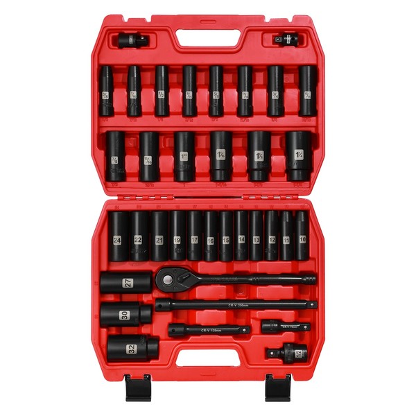 EMENTOL 36PCS 1/2" Drive Master Impact Socket Set, Deep, SAE/Metric,