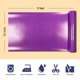 Dark Purple Glitter HTV Heat Transfer Vinyl, 12" x 5ft lron on Vinyl, for T-Shirt Ironing, Vinyl HTV Easy to Cut and Weed, The Best Choice for DIY Creativity. (Dark Purple, 5ft)
