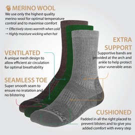 Rymora Walking Socks Hiking Socks Men Women (Merino Wool, Moisture Wicking, Seamless Toe) (3 Pairs - Mix) [S] (Small: UK 3-6.5 / EU 35-39)