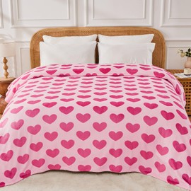 FY FIBER HOUSE Heart Flannel King Blanket for Couch Soft Cozy Blankets for Lover Gifts All Season Use, 90x108 Inches, Hot Pink