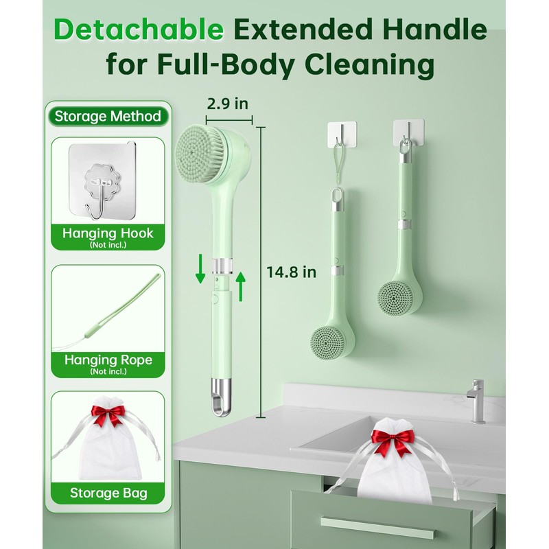 Electric Body Brush Back Scrubber for Shower, Waterproof Long Handle