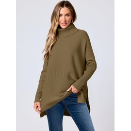 ANRABESS Women's Oversized Turtleneck Batwing Sleeve Spilt Casual Loose Knit Tunic Pullover Sweater Tops 2025 Fall Outfits Camel Small