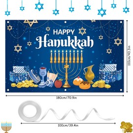 2024 Blue and Gold Happy Hanukkah Theme Banner Decoration Fabric Backdrop Jewish Chanukah Party Supplies Photography Background for Indoor Outdoor Yard Decor (70.9 x 43.3 inch)