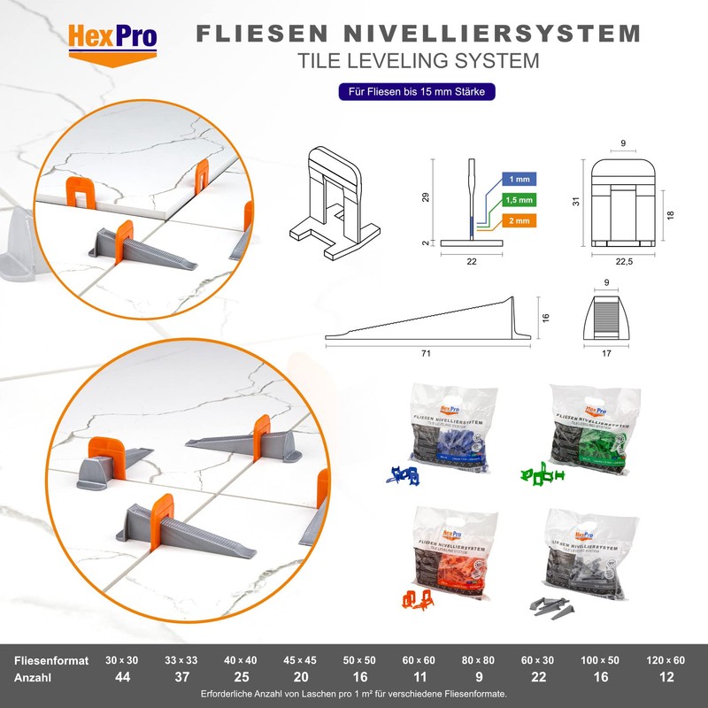 HexPro Tile Levelling System 1 mm 1.5 mm 2 mm