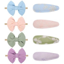 ZKSXOA Baby Girl 8 Pcs Bow Headbands & Hair Clips Set, Mini Flowers Patterns, Elastics Hair Bands, Newborn Toddlers Kids Accessories