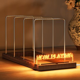 NiHome Now Playing Vinyl Record Stand with LED Light for Music Lovers, Secure Holder for Up to 80 LP Records, Wood & Stainless Steel Vinyl Storage Rack with Adjustable Design, Minimalist Desktop Display