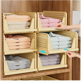 SNSLXH 5 Pack Stackable Closet Storage Basket, Multifunctional & Foldable Closet Organizer for Bathroom Kitchen Laundry Room Wardrobe Storage, Space-Saving Clothes Storage Drawer Organizer, Yellow