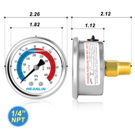 MEANLIN MEASURE 0-60psi Pressure Gauge, 2-Inch Dial Glycerine Filled Pool Filter, 304 Stainless Steel Housing, Center Back Mount, 1/4" NPT With 1/2" and 3/8" NPT Hex Bushing