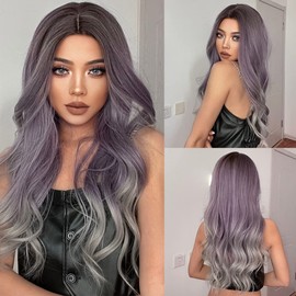 JOOLER Long Wavy Middle Part Wig Purple Natural Wigs for Women Heat Resistant Ombre Purple Gray Wig Daliy Party 28 Inch Synthetic wigs