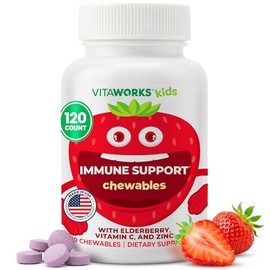 VitaWorks Kids Immune Support Chewable Tablets with Elderberry Vitamin C and Zinc, Mixed Berry Flavored, Vegan Supplements, Gluten Free, Non-GMO, 120 
