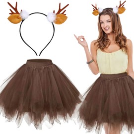 Reindeer Tulle Skirt with Headband, Reindeer Costume Women, Reindeer Headband and Tutu, Vintage Tulle Skirt, Petticoat, Carnival Deer Costume, Reindeer Costume, Adult for Women, Fancy Dress, Cosplay