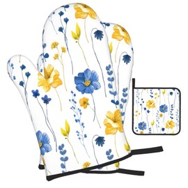 Navy Blue Yellow Flower Oven Mitts and Pot Holders Sets of 3 Watercolor Floral Decorative Hot Pads Heat Resistant Non Slip Washable for Cooking Grilling Baking BBQ Kitchen Decor
