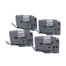 Label Maker Tape 12mm Width 8M Length Black On White Waterproof Covering Strong Adhesive Label Tape for TZC231 White Box of 4