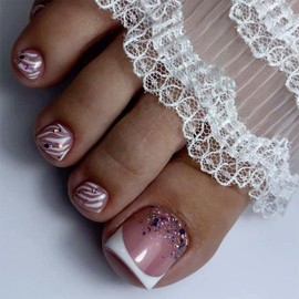 Glitter Press on Toenails French Tip White Irregular Stripe Fake Toenails Glossy Short Square Acrylic Toe Nails Reusable Full Cover Toe Nails for Women Girls