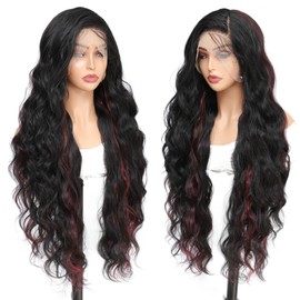 SISgrace 13x4 Lace Front Wigs for Black Women Wavy Wig Glueless Lace Wig Black to Burgundy Highlight Synthetic Wigs Pre Plucked Natural Hairline Mixed Red (Highlight Lace Front Wig 32 Inches)