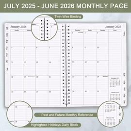 2025-2026 Planner - Weekly & Monthly Planner Runs July 2025 to June 2026, 6.25" x 8.25", 12 Monthly Tabs, 14 Notes Page, Inner Pocket, Flexible Cover with Twin-Wire Binding, Green white