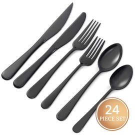 EVOLVE 18/8 Stainless Steel Silverware Set for 4 - Complete 24 Piece Flatware Cutlery Set - Elegant and Ergonomic Design -Dishwasher Safe - Stylish & Mirror Finish, Rust-Proof Utensil Sets (Black)