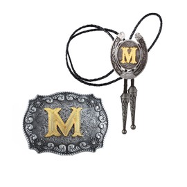 HUABOLA CALYN 2 Pieces Western Cowboy Belt Buckle Bolo tie Set for Men Golden Initial Letter ABCDMJR to Z Costume (M)