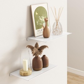 MKO 8" Small Floating Shelves for Wall, Metal Wall Mounted Shelf for Bathroom, Bedroom, Living Room, Kitchen, Little Hanging Shelves for Books/Storage/Room Decor 2 Packs, White