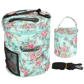 2Pcs Storage Bag 600D Oxford Cloth Printing MultiPocket Hand Strap Cylinder Shape Package(Green Peony )
