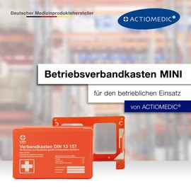 ACTIOMEDIC Mini-Verbandkasten für Unternehmen, inkl. Wandhalterung für stationären Gebrauch, DIN 13157:2021 I Mit visuelle Darstellung zur Ersten Hilfe für Unternehmen, orange, 26 x 8,5 x 18 cm