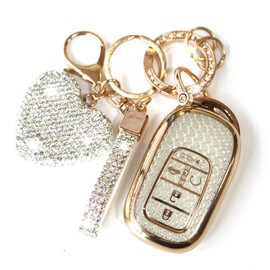 YIKECASE Key Fob Cover with Diamond Keychain Car Key Holder Case Compatible with Honda 2023 2024 Accord Civic HRV CRV Pilot Smart Remote Key Protector for Women 5 Buttons, (White-Heart)