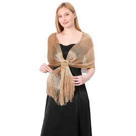 Sparkling Metallic Shawls and Wraps for Evening Dresses with Buckle,Gold Shawl Wraps Formal Dresses for Women,Lightweight Elegant Sheer Fringe Scarf for Brides, Bridesmaids and Wedding Attendee